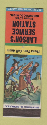 Matchbook Cover - Larson's Service oil gas Ironwood MI hillbilly