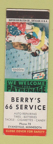 Matchbook Cover - Berry's 66 Service oil gas Evansville MN