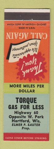 Matchbook Cover - Torque oil gas Hartford WI Elmer Sauter