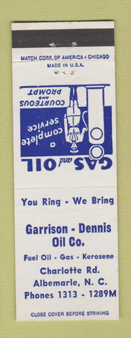 Matchbook Cover - Garrison Dennis oil gas Albemarle NC