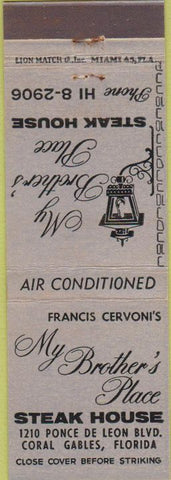 Matchbook Cover - My Brother's Place Steak House Coral Gables FL