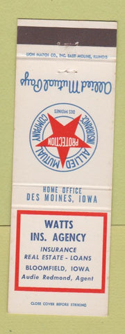 Matchbook Cover - Watts Insurance Agency Bloomfield IA