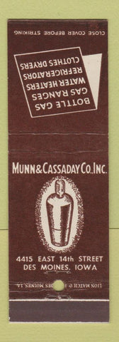 Matchbook Cover - Munn & Cassaday Bottled Gas appliances Des Moines IA