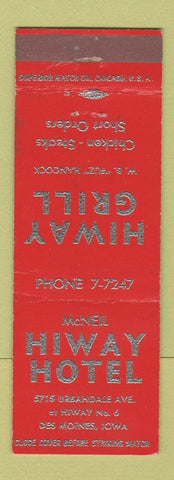 Matchbook Cover - Hiway Hotel McNeil Des Moines IA Hiway Grill