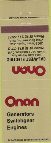 Matchbook Cover - Onan Generators Engines Sacramento CA