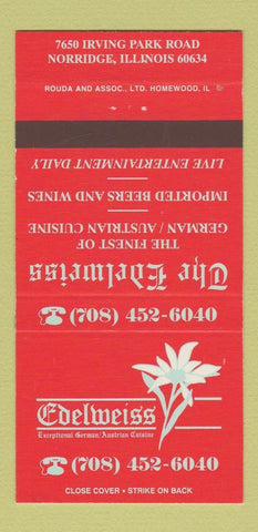 Matchbook Cover - Edelweiss German Restaurant Norridge IL 30 Strike