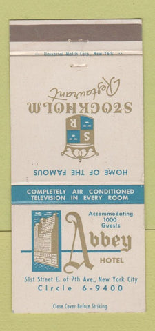 Matchbook Cover - Abbey Hotel New York City Stockholm Restaurant 30 Strike