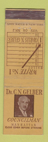 Matchbook Cover - Dr CN Gelber Councilman Manhattan New York City