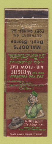 Matchbook Cover - Wright Hats Maloof's Dept Store Cuthbert Fort Gaines GA WORN