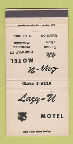 Matchbook Cover - Lazy U Motel Winnipeg MB WEAR 30 Strike