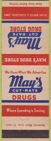 Matchbook Cover - May's Cut Rite Drug Store Cedar Rapids IA