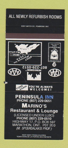 Matchbook Cover Peninsula Inn Marino's Marathon ON WORN WRITING SAMPLE 30 Strike
