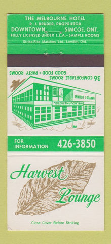 Matchbook Cover - Harvest Lounge Melbourne Hotel Simcoe ON 30 Strike