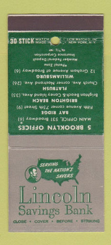 Matchbook Cover - Lincoln Savings Bank Brooklyn NY 30 Stick