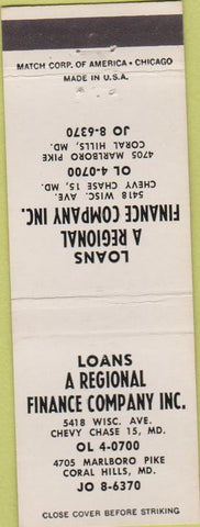Matchbook Cover - Regional Finance Co Coral Hills MD