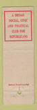 Matchbook Cover - National Republican Club Lion Canada 1929 WEAR