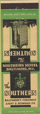 Matchbook Cover - The Southern Hotel Baltimore MD