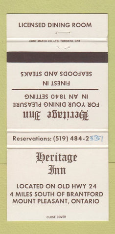 Matchbook Cover - Heritage Inn Mount Pleasant ON WRITING 30 Strike