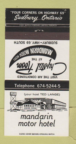 Matchbook Cover - Mandarin Motor Hotel Sudbury ON 30 Strike