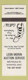 Matchbook Cover - Leon Morin Auction Service Winnipeg MB