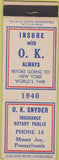 Matchbook Cover - Snyder Insurance Mount Joy PA
