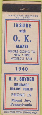Matchbook Cover - Snyder Insurance Mount Joy PA