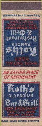Matchbook Cover - Roth's Famous Bar  and  Grill New York NY