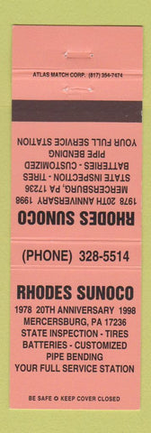 Matchbook Cover - Rhodes Sunoco oil gas 1998 Mercersburg PA NEON ORANGE