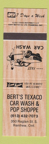 Matchbook Cover - Bert's Texaco oil gas Car Wash Pop Shoppe Renfrew ON