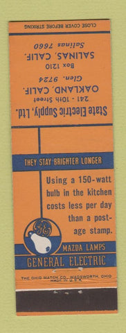 Matchbook Cover - General Electric Mazda Lamps Light Bulbs Salinas Oakland CA