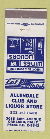 Matchbook Cover - Allendale Club and Liquor Store Oakland CA