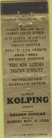 Matchbook Cover - Catholic Kolping Society 1938 New York NY