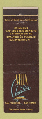 Matchbook Cover - Villa Chartier San Francisco San Mateo CA WEAR