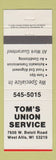 Matchbook Cover - Tom's Union Service oil gas West Allis WI