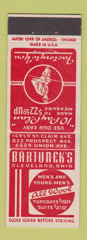 Matchbook Cover - Bartunek's Men's Clothes Cleveland OH RED
