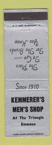 Matchbook Cover - Kemmerer's Men's Clothes Emmaus PA WEAR
