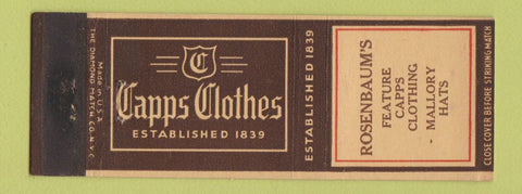 Matchbook Cover - Capps Clothes Men's Rosenbaum's Mallory Hats