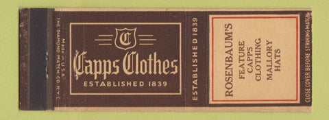 Matchbook Cover - Capps Clothes Men's Rosenbaum's Mallory Hats