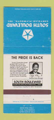 Matchbook Cover - South Boulevard Chrysler Plymouth Charlotte NC 30 Strike