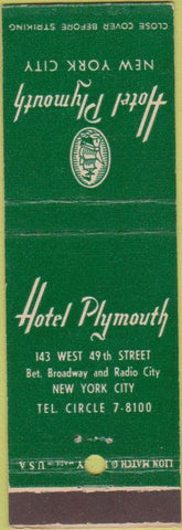 Matchbook Cover - Hotel Plymouth New York City NY