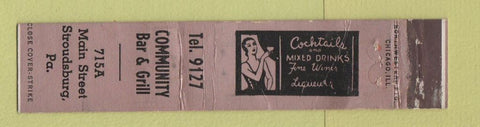 Matchbook Cover - Community Bar and Grill Stroudsburg PA WORN 12 Strike
