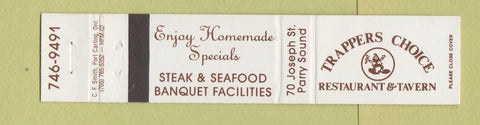 Matchbook Cover - Trappers Choice Restaurant Tavern Parry Sound ON 12 Strike