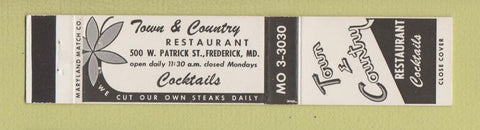 Matchbook Cover - Town and Country Restaurant Frederick MD 12 Strike