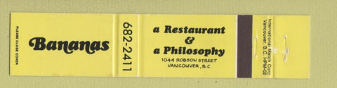 Matchbook Cover - Bananas Restaurant Vancouver BC 12 Strike
