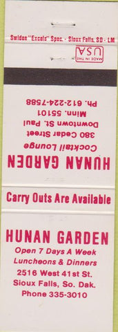 Matchbook Cover - Hunan Garden Sioux Falls SD