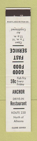 Matchbook Cover - Anchor Drive In Restaurant Altoona PA WHITE 12 Strike