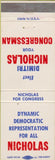 Matchbook Cover - Dimitri Nicholas Democratic Congressman