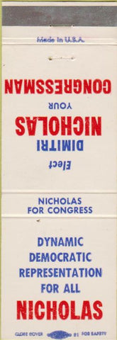 Matchbook Cover - Dimitri Nicholas Democratic Congressman