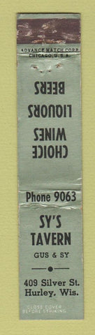 Matchbook Cover - Sy's Tavern Hurley WI ADVANCE WORN 12 Strike