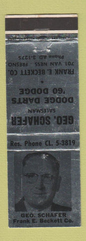 Matchbook Cover - Frank Beckett Doge 1960 Dart Geo Schafer Fresno CA WEAR